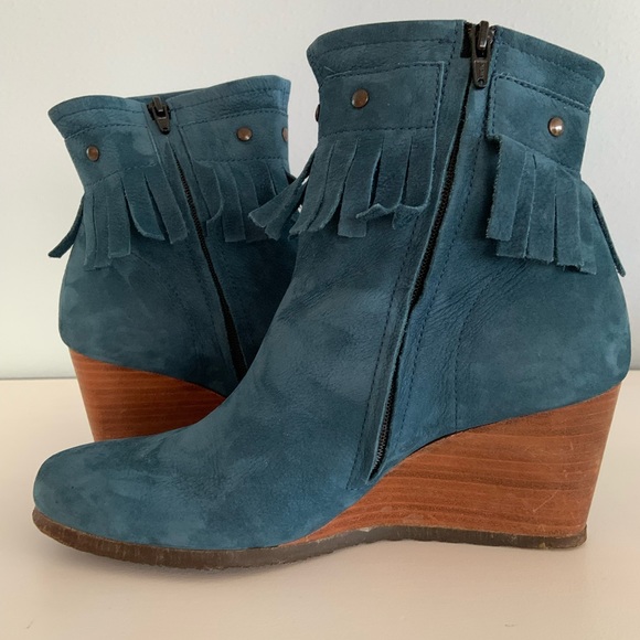 Arche • Tikhal Teal Fringe Leather Wedge Ankle Boots Size 37 / 6.5 - Picture 7 of 12